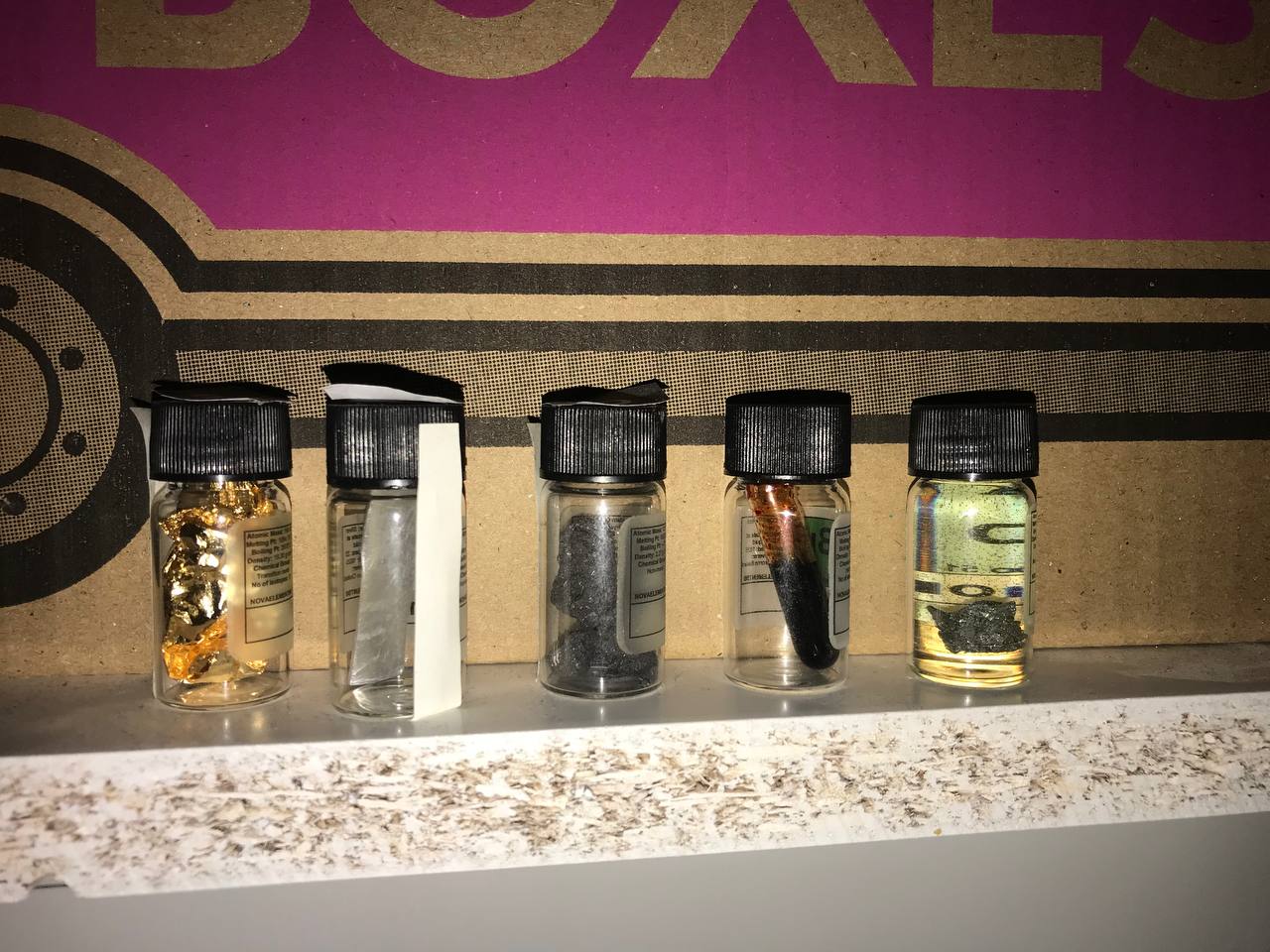 Elements - gold, aluminium, carbon, bromine, antimony